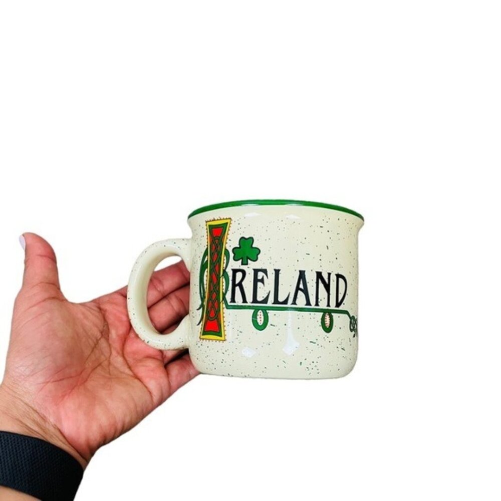 Ireland Shamrock Celtic Campfire Style Ceramic Mug Speckled Green White